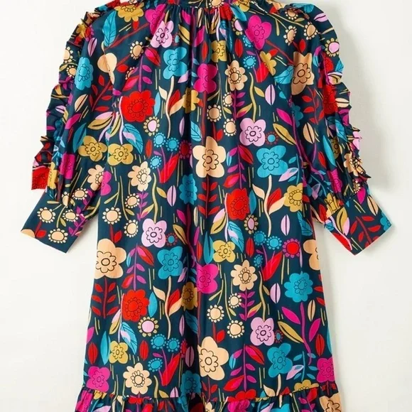 NWT! Green Floral Print Puff Sleeve Ruffled Mini Dress boho retro layered SZ S - Picture 10 of 15